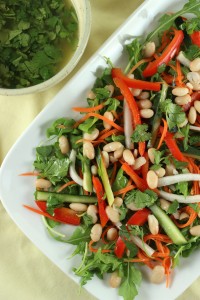 A colorful green, yellow and red Bahn Mi Bean salad on a long white plate,