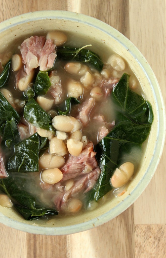Slow cooked ham and beans with collard greens.