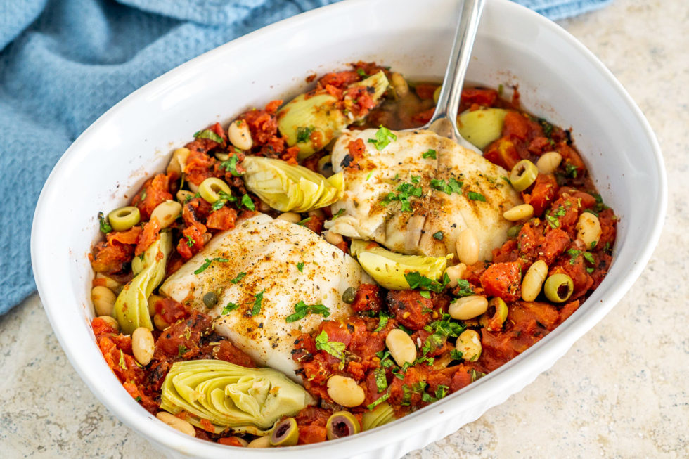 Mediterranean Baked Fish Bean Recipe Randall Beans Healthy   Mediterranean Baked Fish 04 980x653 