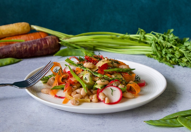 spring shaved vegetable salad with great northern beans